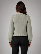 Women's Bow-Tie Contrast Cardigan – Relaxed Knit Layer in sage, back view