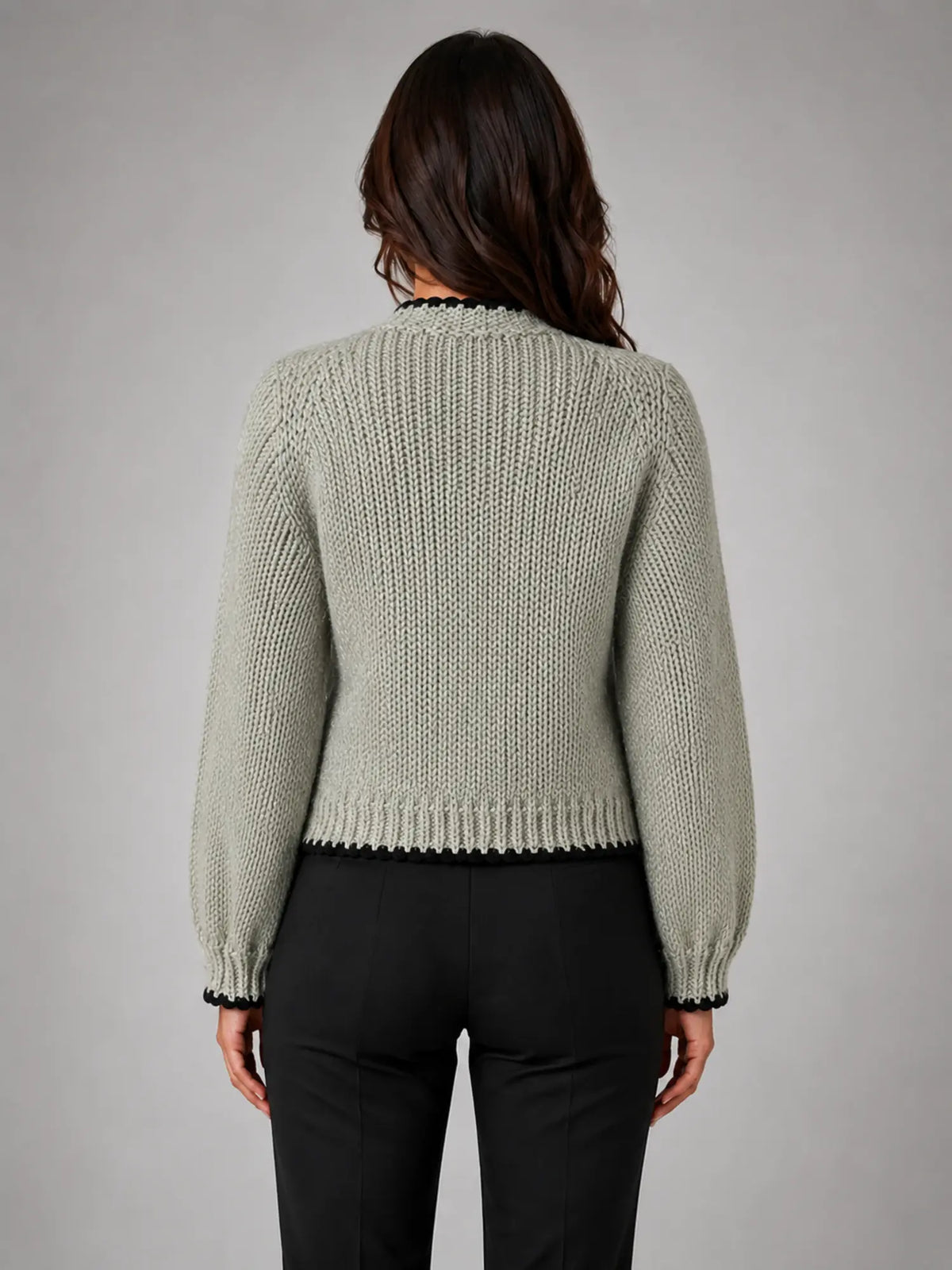 Women's Bow-Tie Contrast Cardigan – Relaxed Knit Layer in sage, back view
