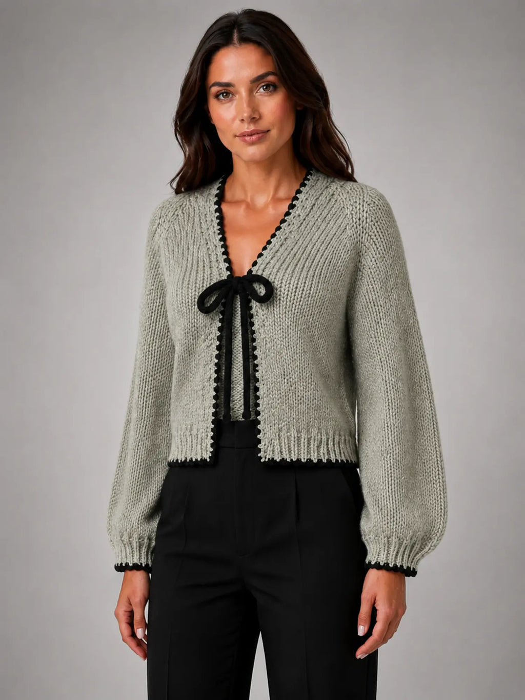 Women's Bow-Tie Contrast Cardigan – Relaxed Knit Layer in sage, hover view