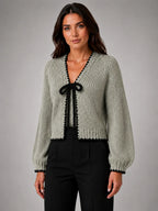 Women's Bow-Tie Contrast Cardigan – Relaxed Knit Layer in sage, hover view