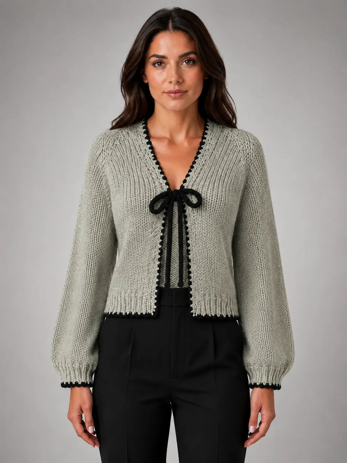 Women's Bow-Tie Contrast Cardigan – Relaxed Knit Layer in sage, main view
