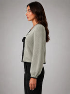 Women's Bow-Tie Contrast Cardigan – Relaxed Knit Layer in sage, side view