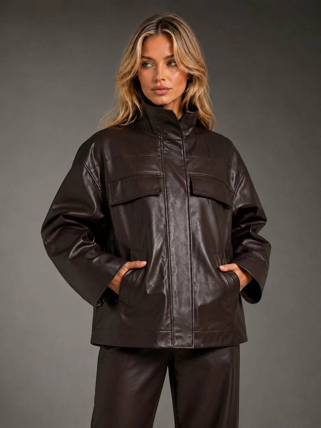 Women's Stand Collar Leather-Look Jacket – Zip-Up Style