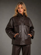 Women's Stand Collar Leather-Look Jacket – Zip-Up Style