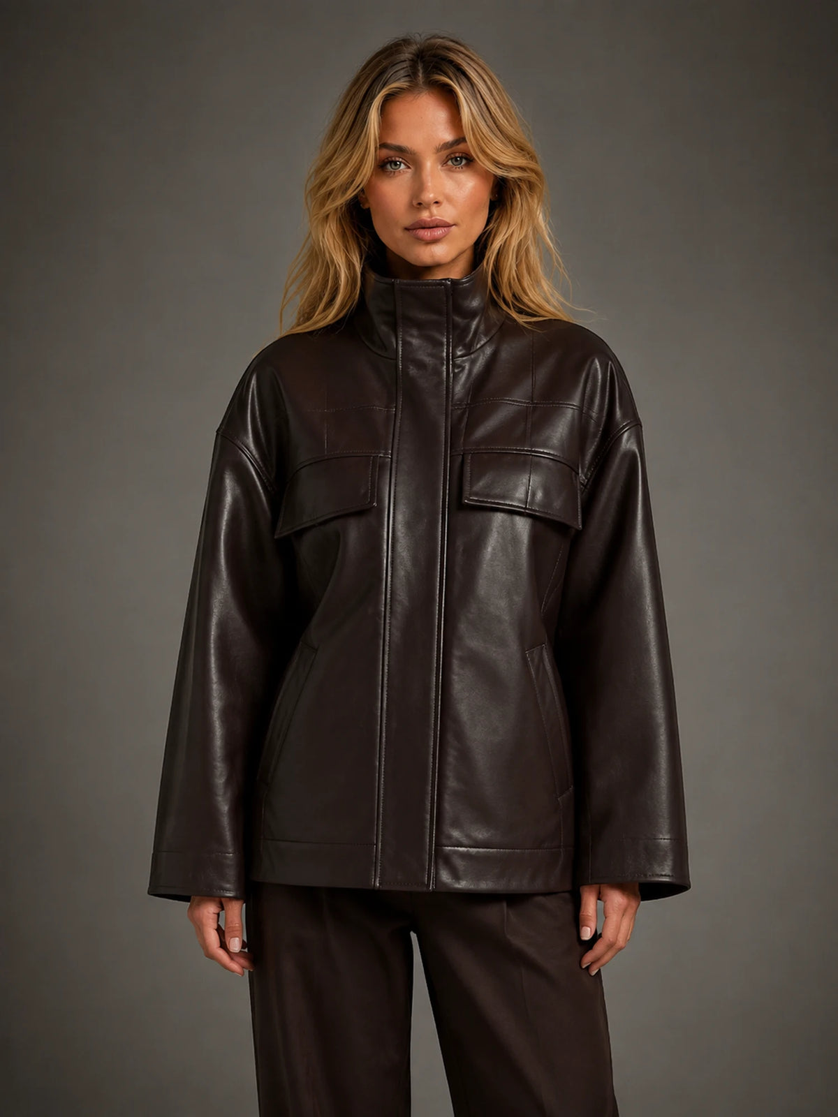 Women's Stand Collar Leather-Look Jacket – Zip-Up Style