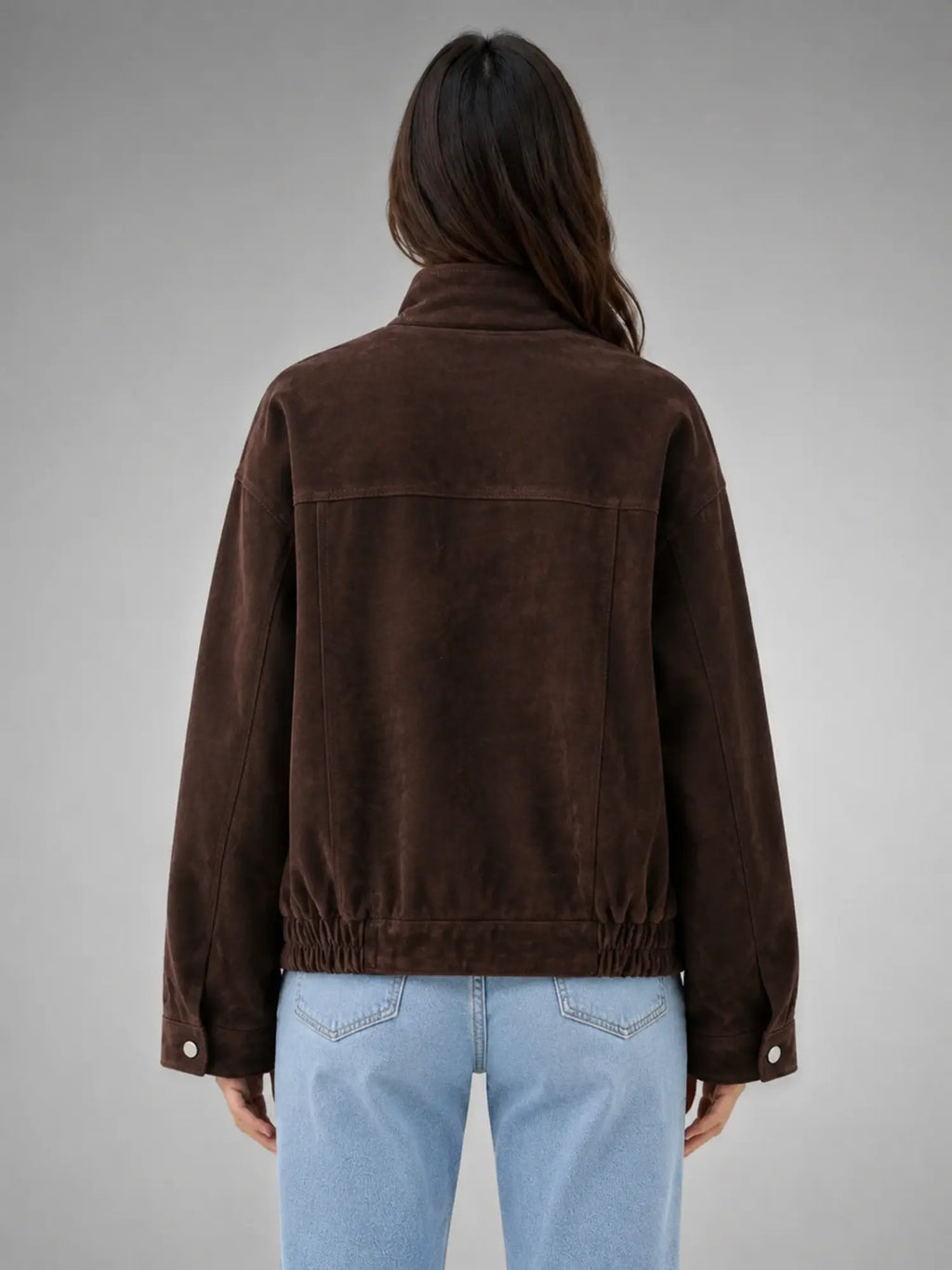 Women's Suede-Look Work Jacket – Utility-Inspired Relaxed Fit in dark brown, back view
