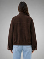 Women's Suede-Look Work Jacket – Utility-Inspired Relaxed Fit in dark brown, back view