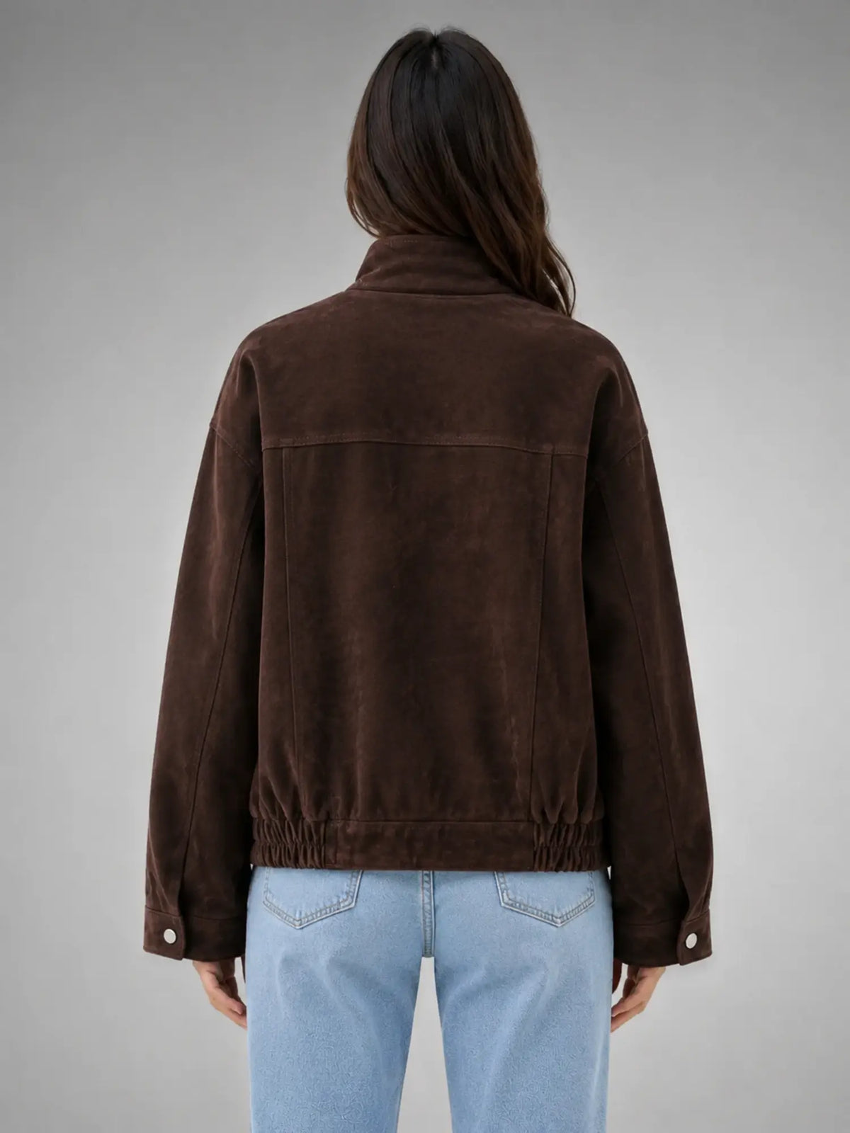 Women's Suede-Look Work Jacket – Utility-Inspired Relaxed Fit in dark brown, back view