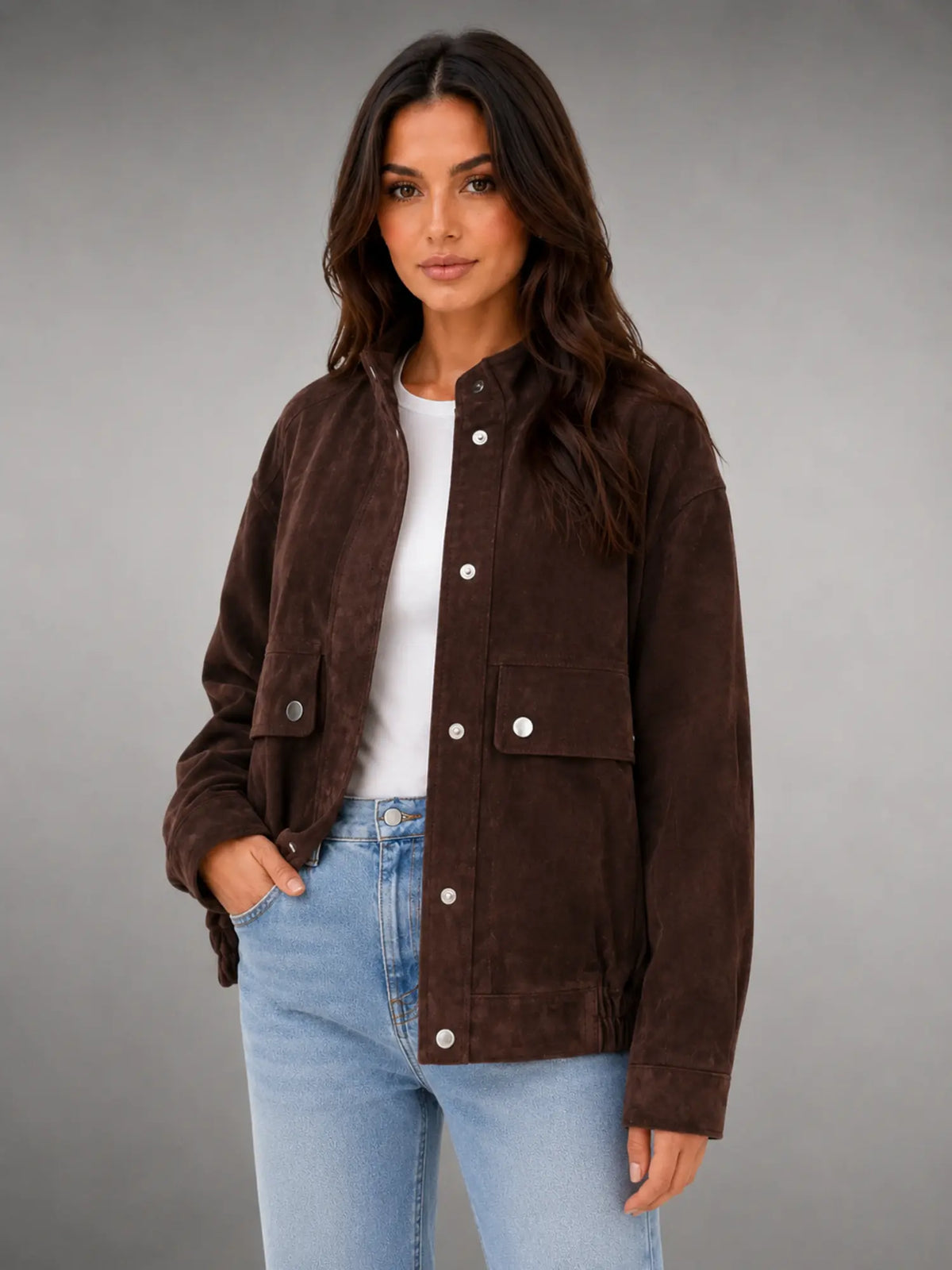 Women's Suede-Look Work Jacket – Utility-Inspired Relaxed Fit in dark brown, hover view