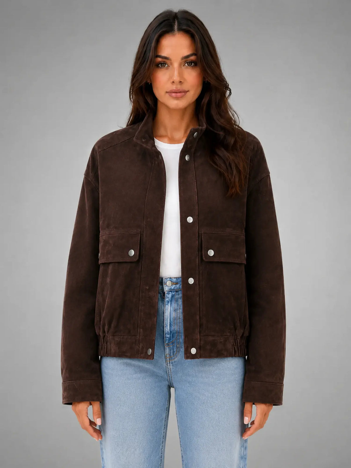 Women's Suede-Look Work Jacket – Utility-Inspired Relaxed Fit in dark brown, main view