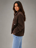 Women's Suede-Look Work Jacket – Utility-Inspired Relaxed Fit in dark brown, side view
