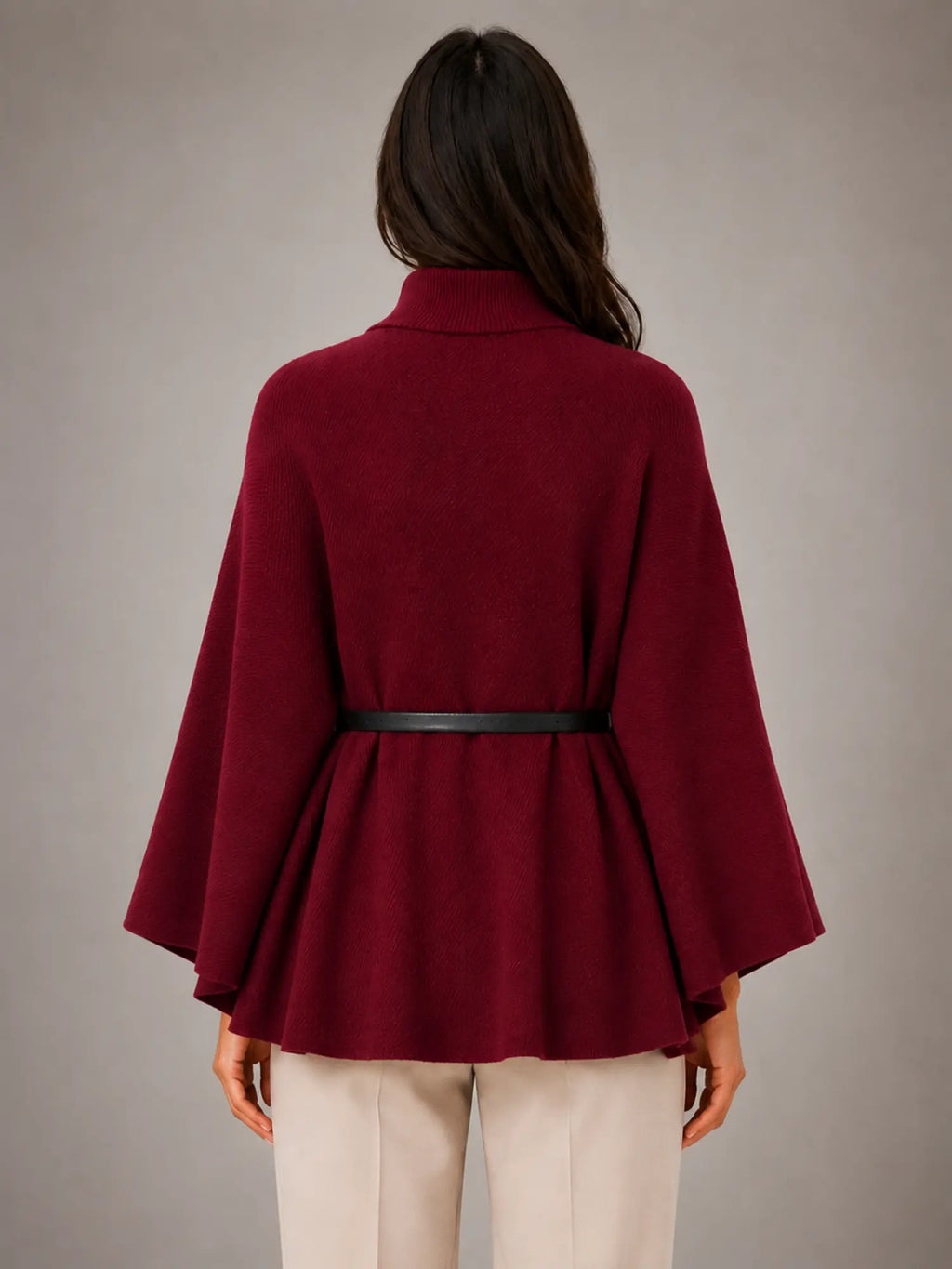 Women's Cape-Sleeve Sweater – Elegant Relaxed Knit in burgundy, back view