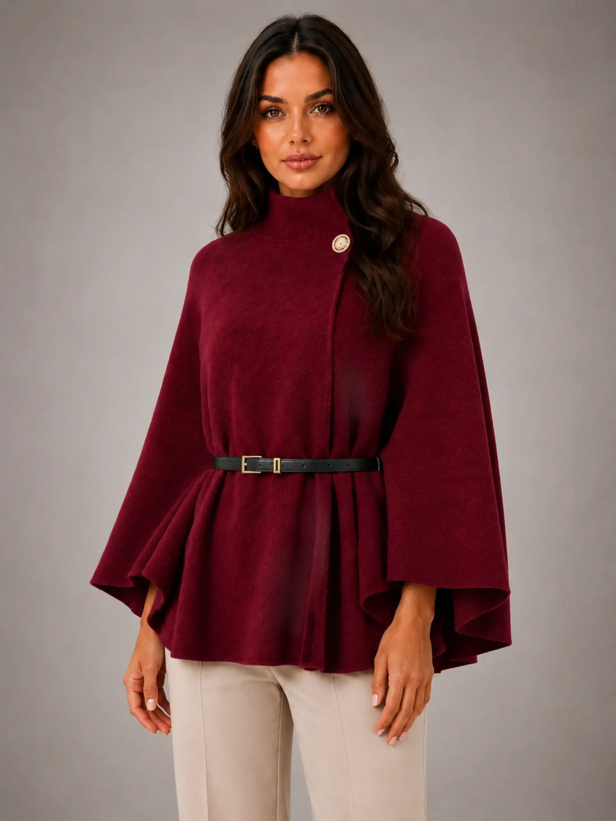 Women's Cape-Sleeve Sweater – Elegant Relaxed Knit in burgundy, hover view