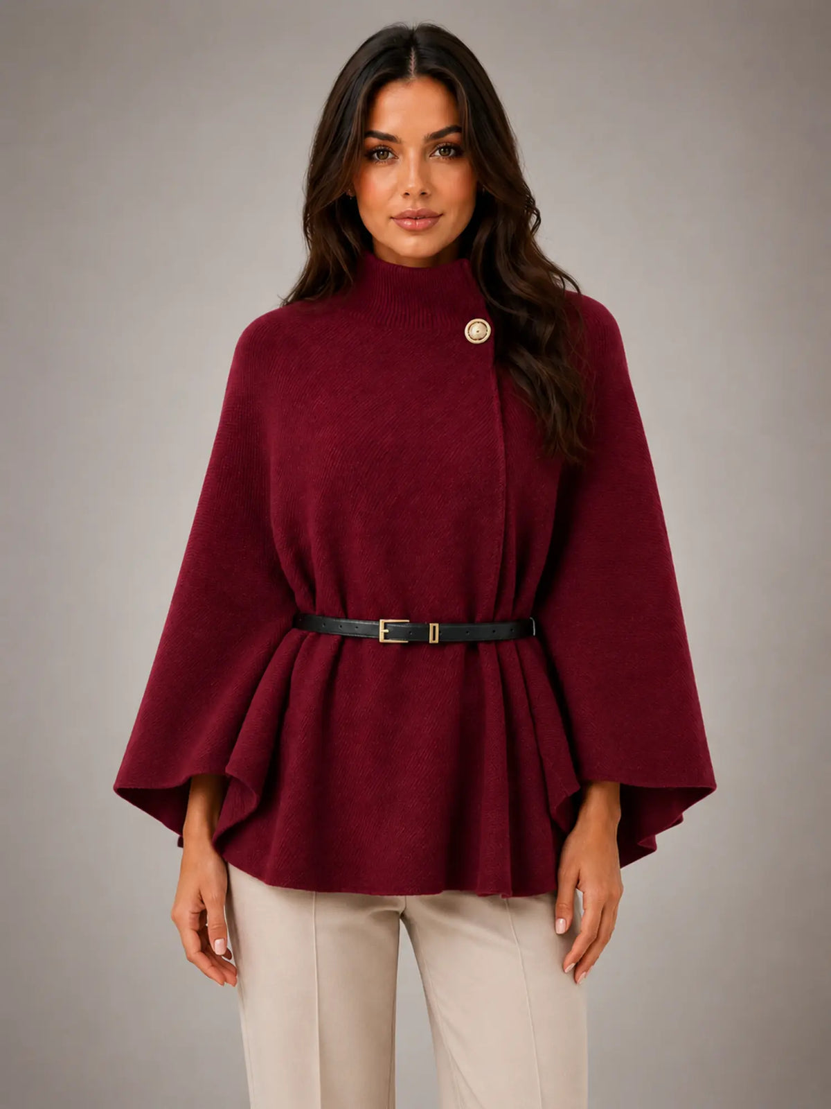 Women's Cape-Sleeve Sweater – Elegant Relaxed Knit in burgundy, main view