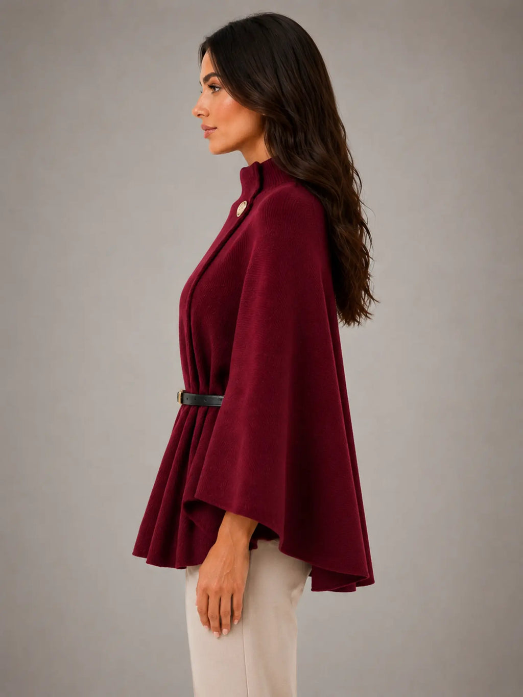 Women's Cape-Sleeve Sweater – Elegant Relaxed Knit in burgundy, side view