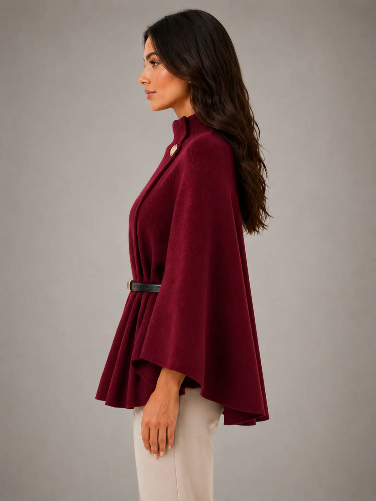Women's Cape-Sleeve Sweater – Elegant Relaxed Knit in burgundy, side view