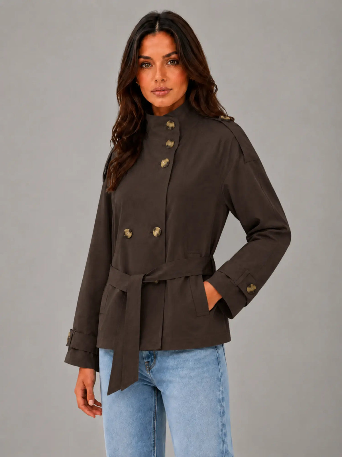 Women's Cape Trench Jacket – Relaxed Statement Outerwear in dark brown, hover view