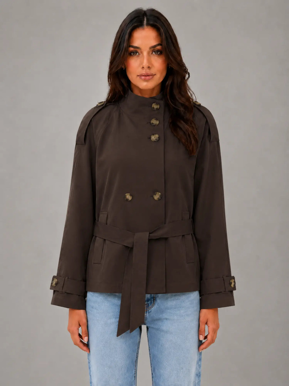 Women's Cape Trench Jacket – Relaxed Statement Outerwear in dark brown, main view
