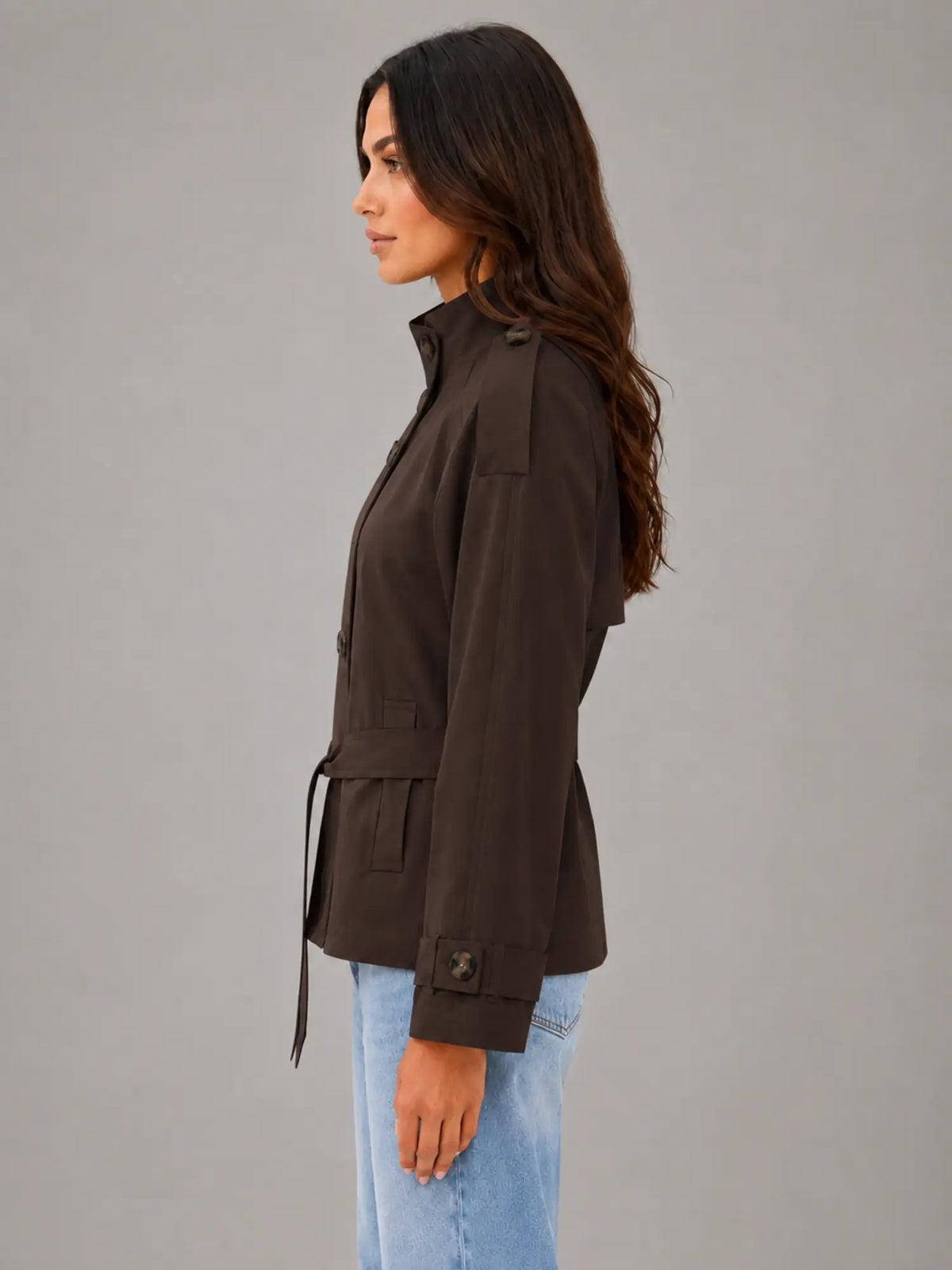 Women's Cape Trench Jacket – Relaxed Statement Outerwear in dark brown, side view