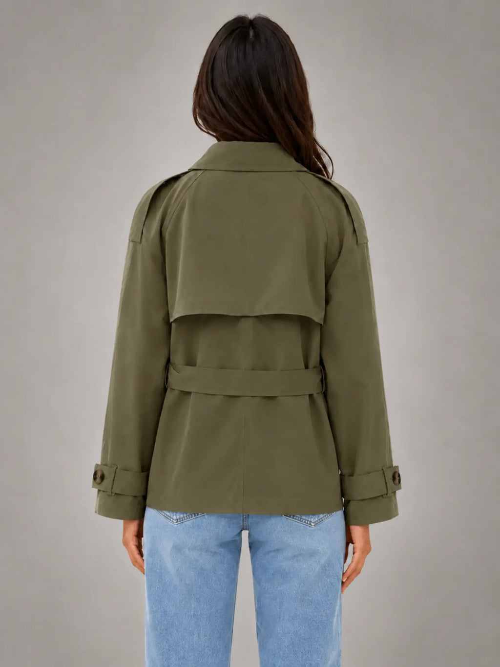 Women's Cape Trench Jacket – Relaxed Statement Outerwear in olive, back view