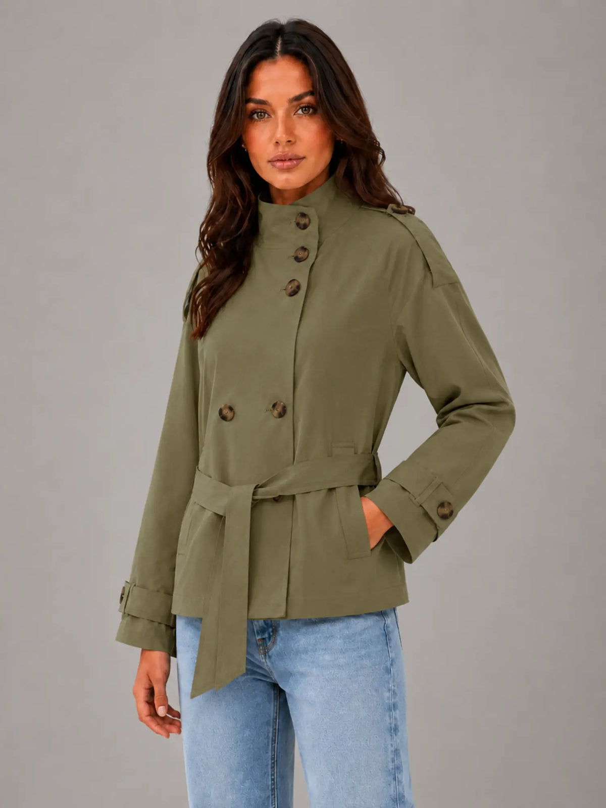 Women's Cape Trench Jacket – Relaxed Statement Outerwear in olive, hover view