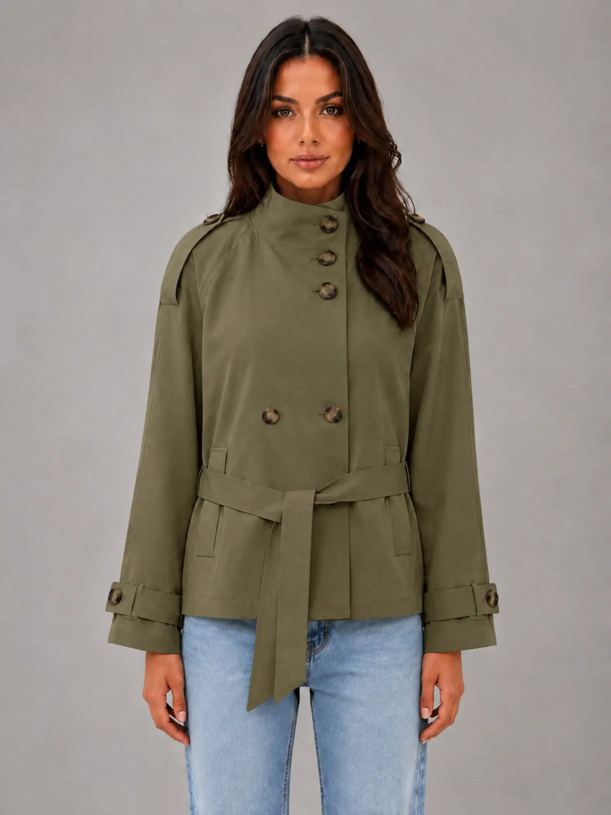 Women's Cape Trench Jacket – Relaxed Statement Outerwear in olive, main view