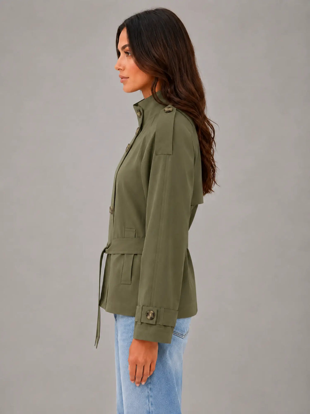 Women's Cape Trench Jacket – Relaxed Statement Outerwear in olive, side view