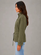 Women's Cape Trench Jacket – Relaxed Statement Outerwear in olive, side view