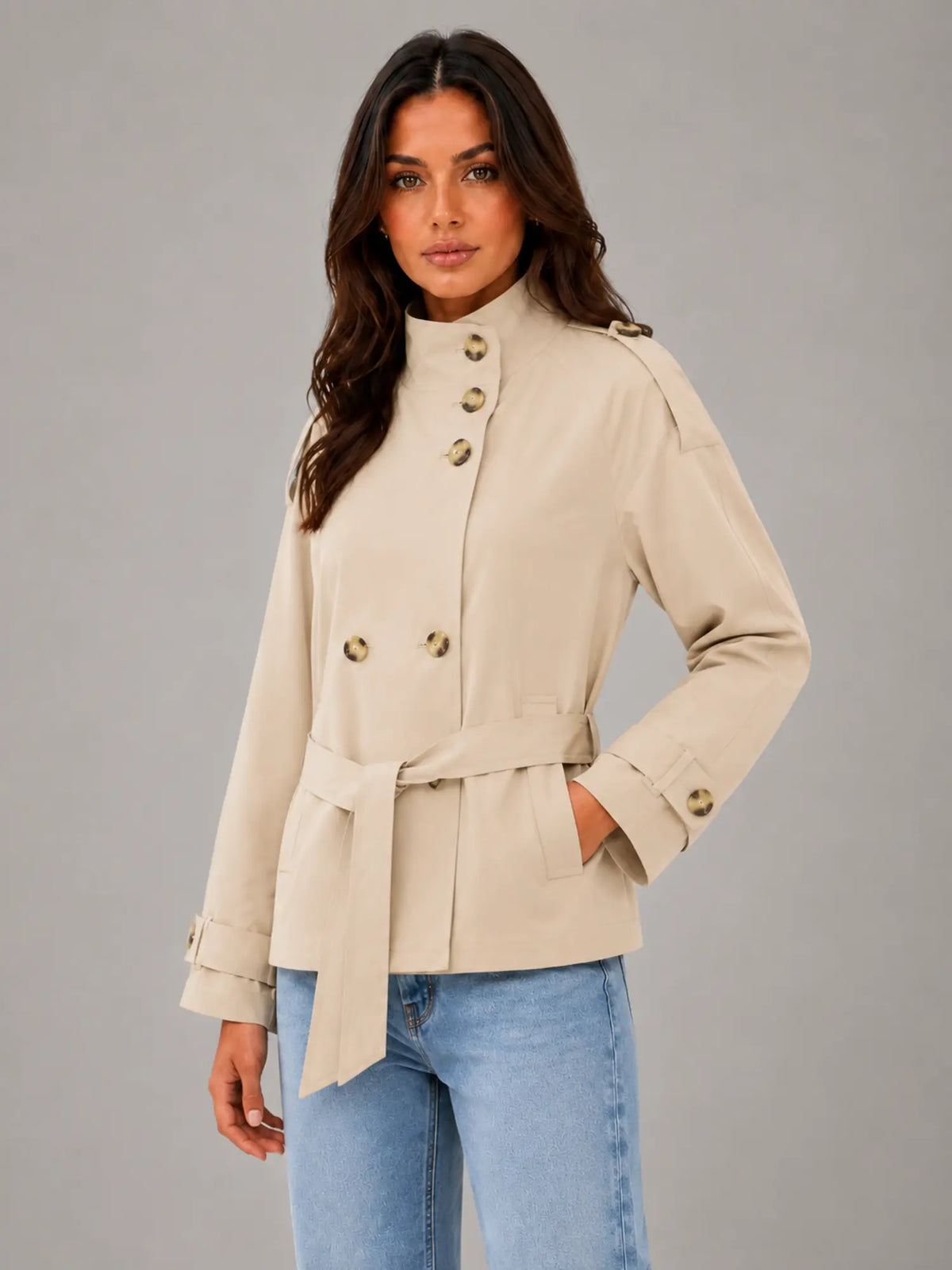 Women's Cape Trench Jacket – Relaxed Statement Outerwear in sand, hover view