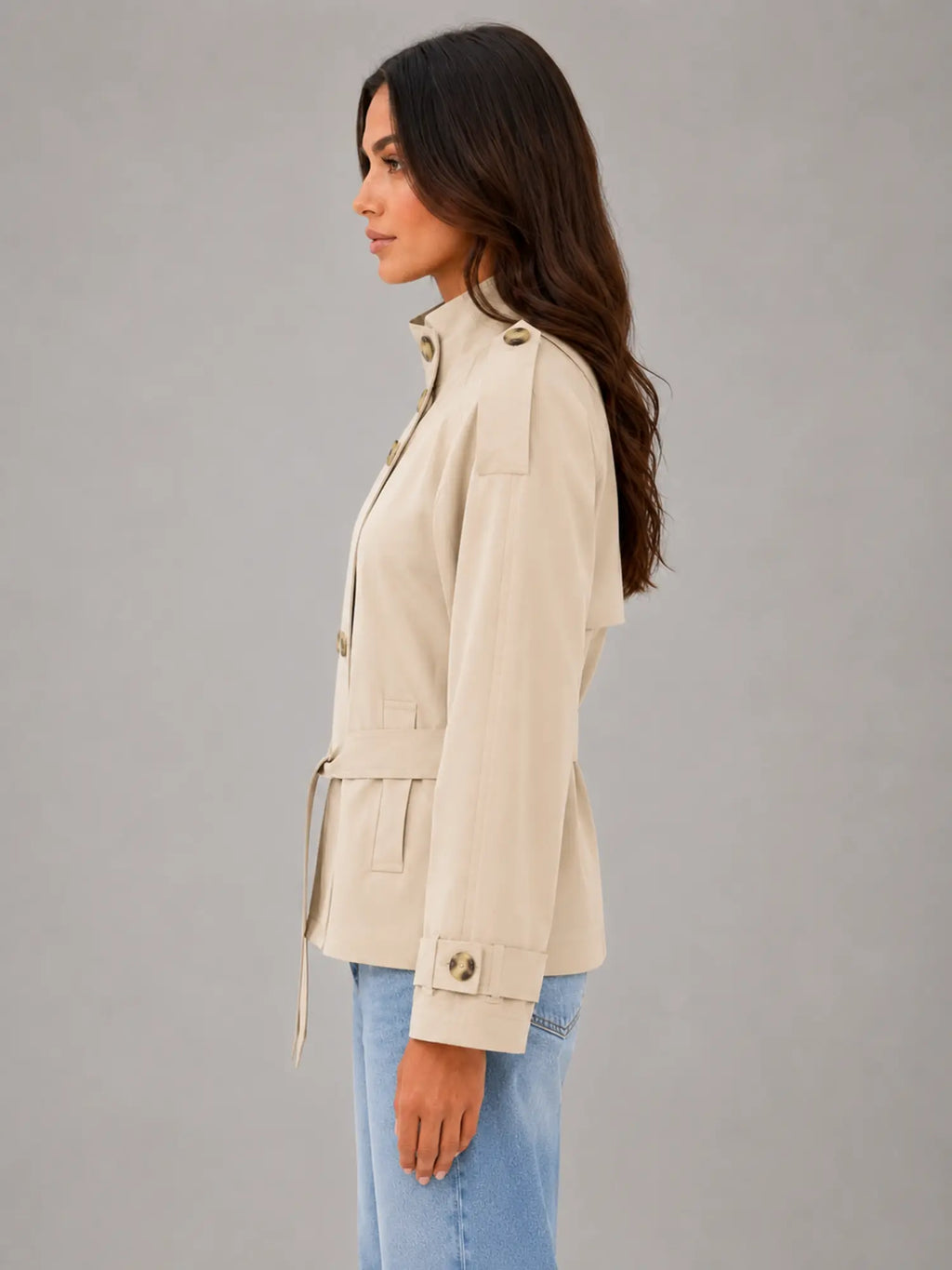 Women's Cape Trench Jacket – Relaxed Statement Outerwear in sand, side view