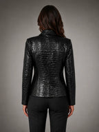 Women's Croc-Effect Blazer – Tailored Statement Style in black, back view