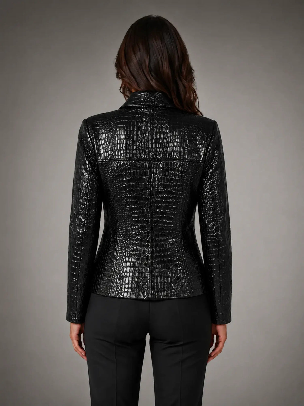 Women's Croc-Effect Blazer – Tailored Statement Style in black, back view