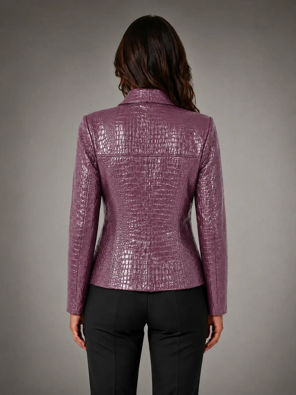 Women's Croc-Effect Blazer – Tailored Statement Style in plum, back view