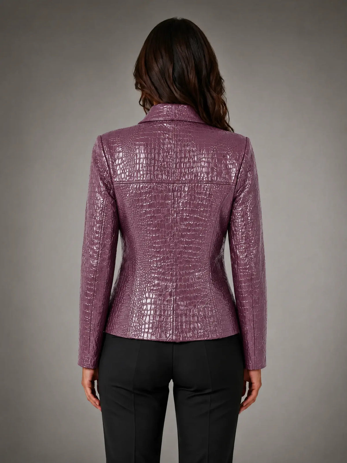 Women's Croc-Effect Blazer – Tailored Statement Style in plum, back view