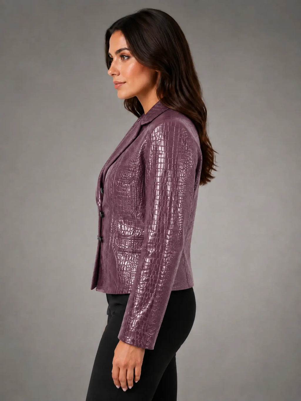 Women's Croc-Effect Blazer – Tailored Statement Style in plum, side view