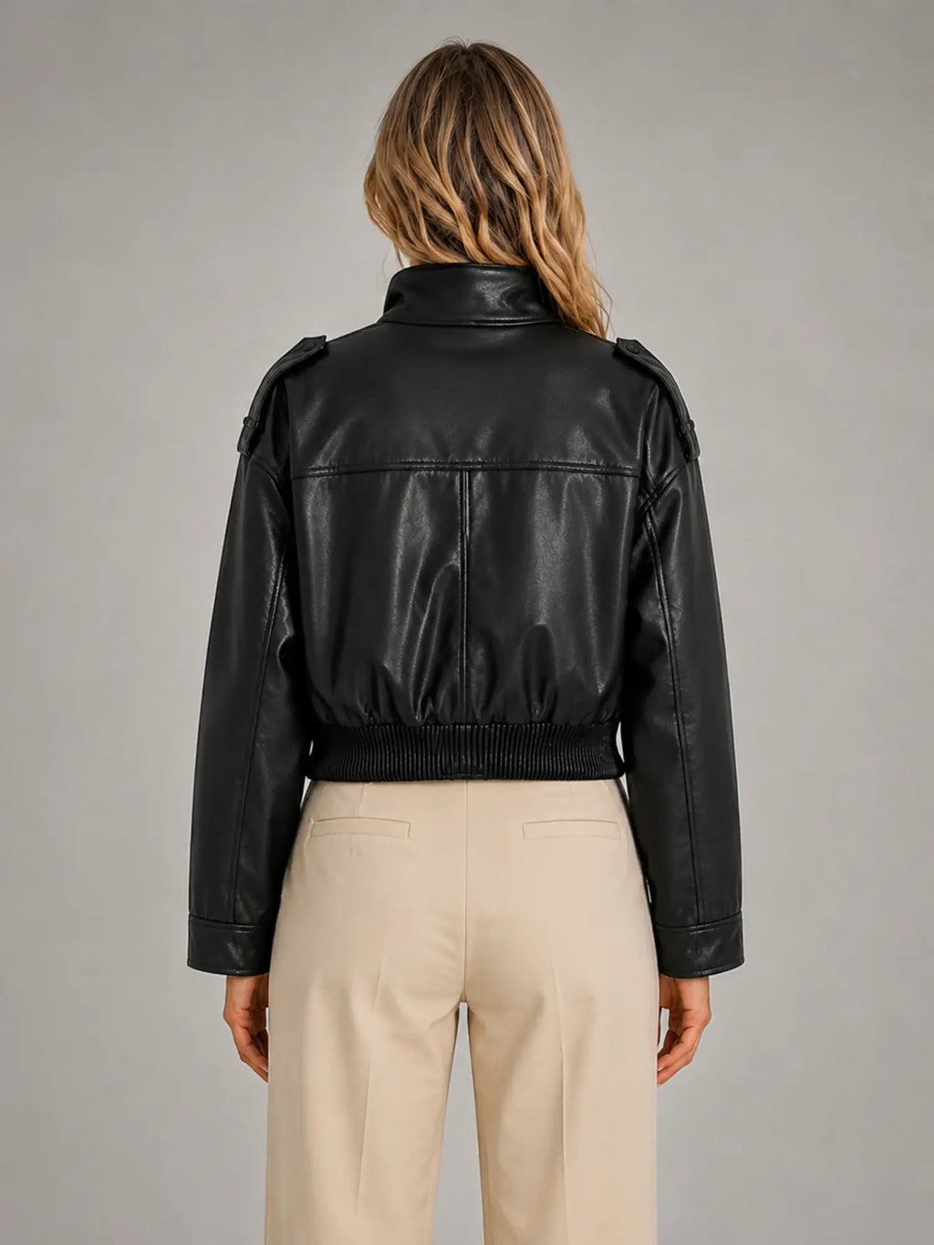 Women's Cropped Leather-Look Bomber Jacket – Modern Relaxed Fit in black, back view