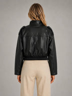 Women's Cropped Leather-Look Bomber Jacket – Modern Relaxed Fit in black, back view