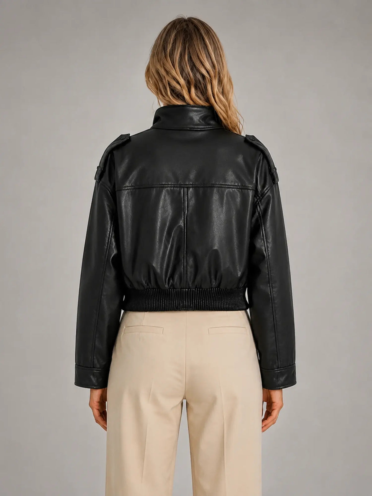 Women's Cropped Leather-Look Bomber Jacket – Modern Relaxed Fit in black, back view