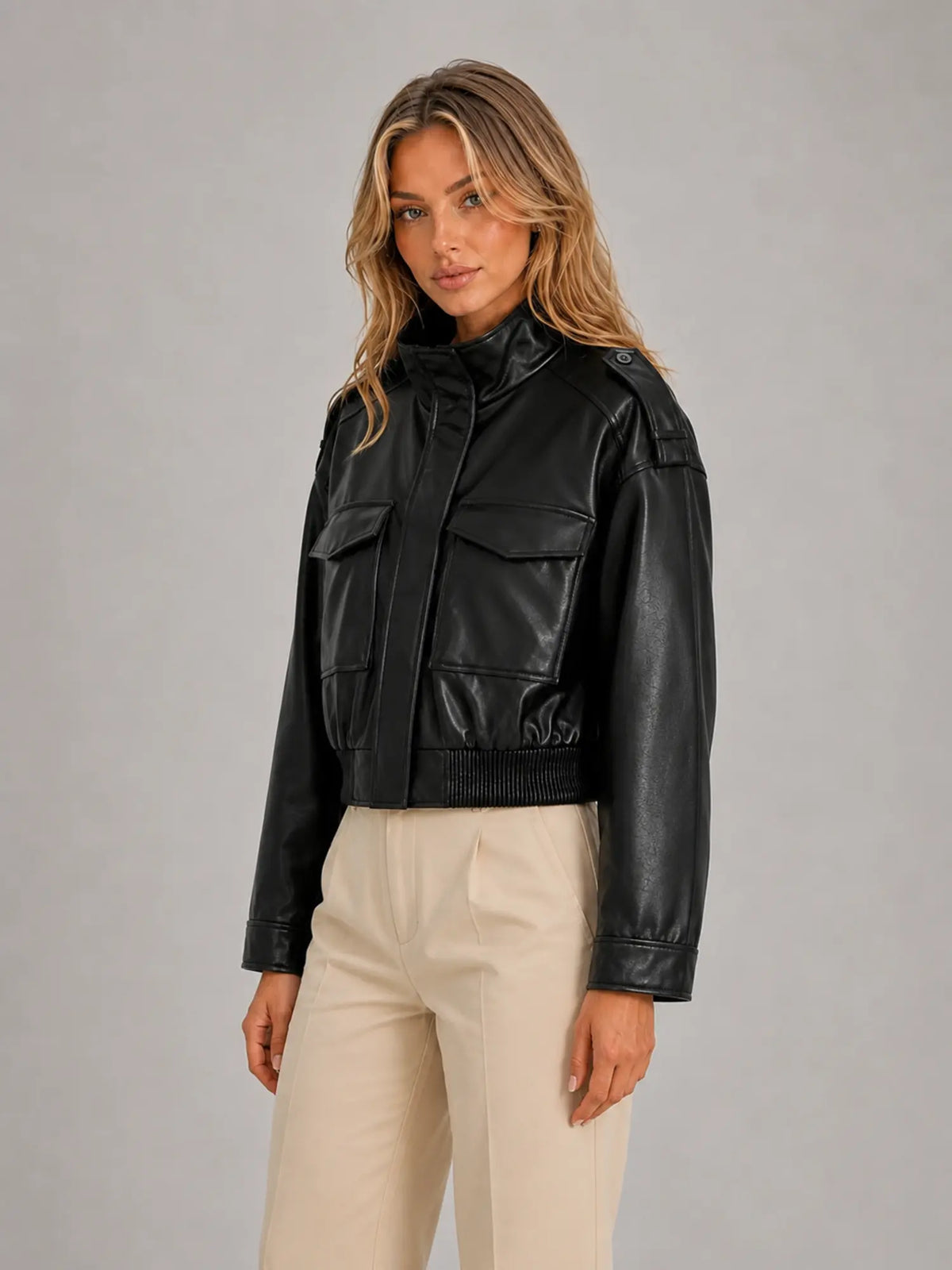 Women's Cropped Leather-Look Bomber Jacket – Modern Relaxed Fit in black, hover view