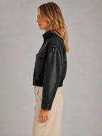 Women's Cropped Leather-Look Bomber Jacket – Modern Relaxed Fit in black, side view