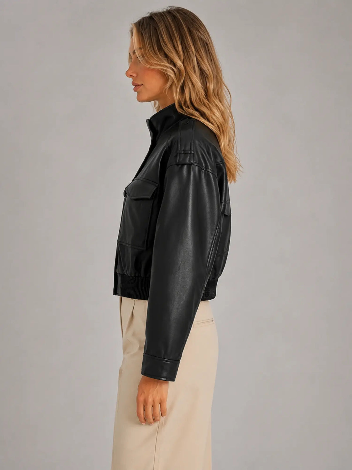 Women's Cropped Leather-Look Bomber Jacket – Modern Relaxed Fit in black, side view
