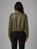 Women's Cropped Leather-Look Bomber Jacket – Modern Relaxed Fit in olive, back view