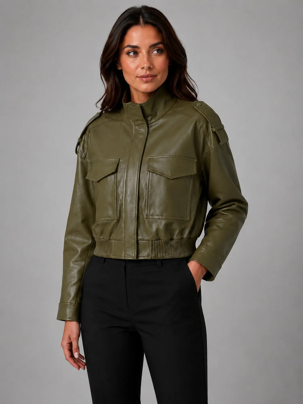 Women's Cropped Leather-Look Bomber Jacket – Modern Relaxed Fit in olive, hover view
