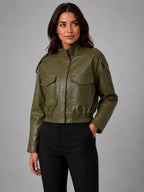 Women's Cropped Leather-Look Bomber Jacket – Modern Relaxed Fit in olive, hover view