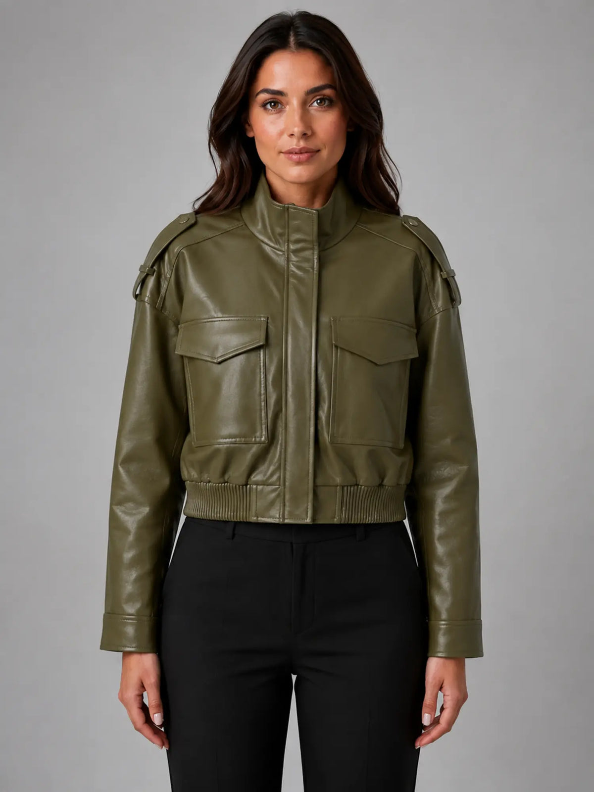 Women's Cropped Leather-Look Bomber Jacket – Modern Relaxed Fit in olive, main view