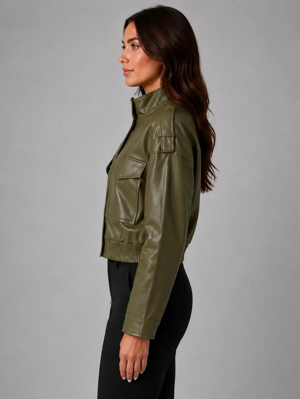 Women's Cropped Leather-Look Bomber Jacket – Modern Relaxed Fit in olive, side view