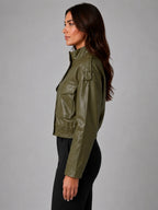 Women's Cropped Leather-Look Bomber Jacket – Modern Relaxed Fit in olive, side view