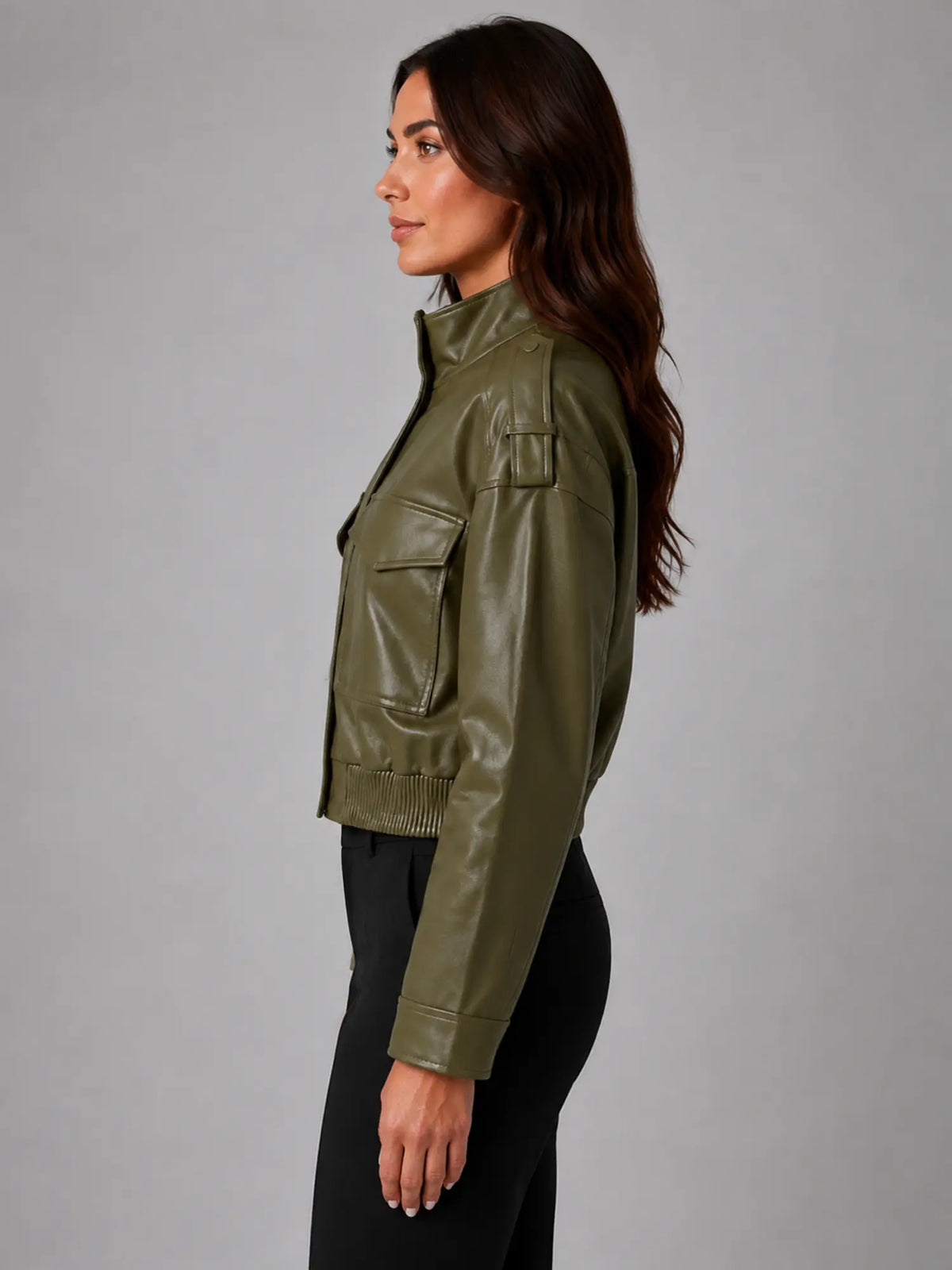 Women's Cropped Leather-Look Bomber Jacket – Modern Relaxed Fit in olive, side view