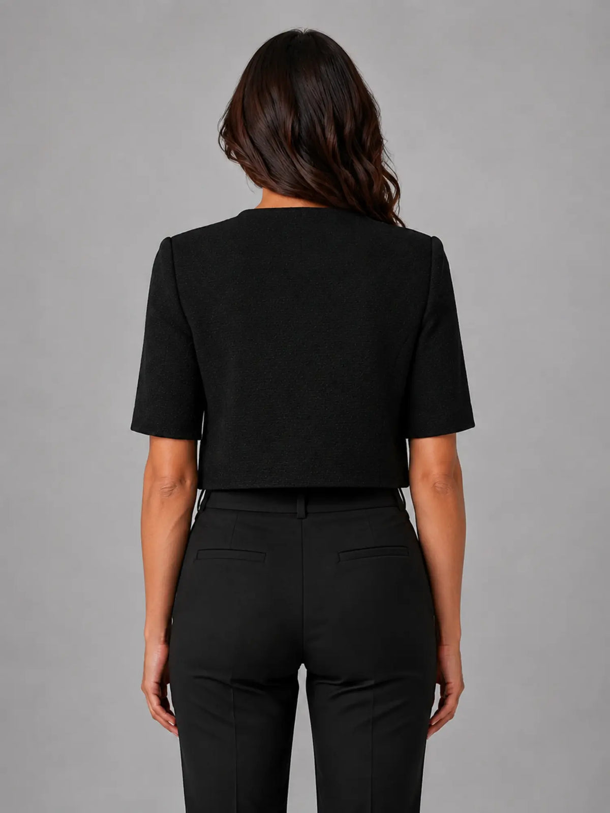 Women's Cropped Short-Sleeve Blazer – Modern Tailored Fit in black, back view
