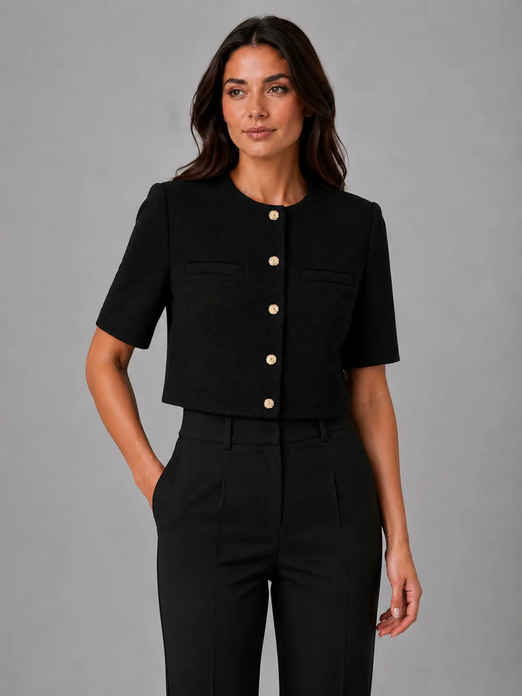 Women's Cropped Short-Sleeve Blazer – Modern Tailored Fit in black, hover view